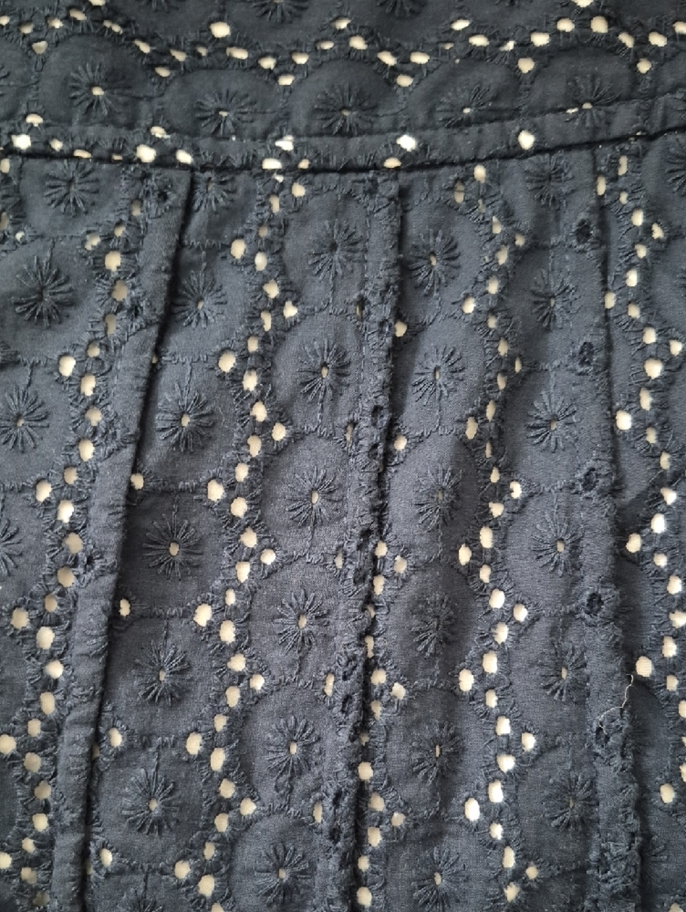 100%  Cotton Shell And Lining Navy Blue Eyelet Knee Length Midi Skirt Size 2 - Picture 7 of 12